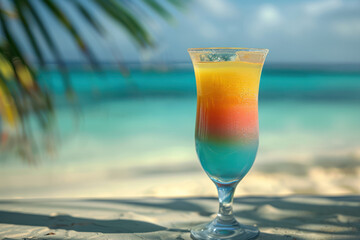 A colorful layered cocktail sits on a sandy beach with a palm tree in the blurred background
