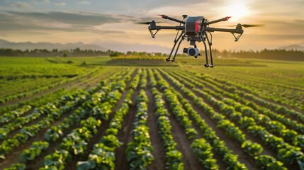Drones revolutionize farming: aerial image showcases drones flying over agricultural fields, signaling a shift towards precision agriculture and increased yields