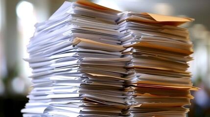 A massive stack of paper documents and files stacked high on a desk in an office setting, illustrating overwhelming paperwork and administrative workload