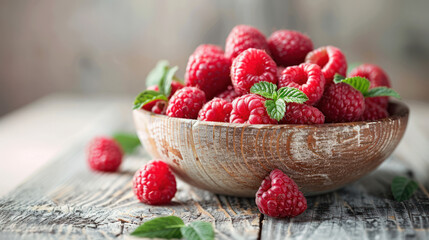 A close-up of a wooden bowl filled with fresh raspberries and mint leaves, sitting on a rustic wooden tabletop