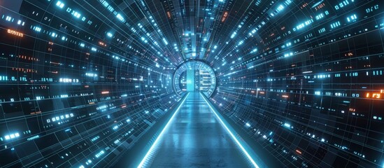 A high-tech, futuristic tunnel illuminated with blue lights and data streams, creating a sci-fi atmosphere perfect for technology and innovation themes.