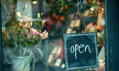 A close-up of an open sign hanging in the window of a flower shop, with a bouquet of pink flowers in the foreground