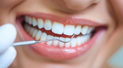 Naklejka premium A close-up of a woman's teeth being cleaned by a dentist. The dentist is using a dental scaler to remove plaque and tartar from the woman's teeth. The woman is smiling and has her mouth open wide.