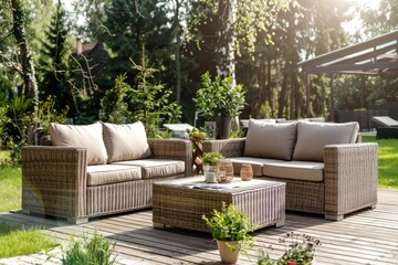 Luxurious rattan patio furniture set on wooden deck in sunlit garden   outdoor living concept