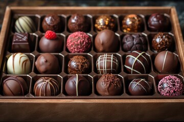 A beautifully arranged chocolate truffle selection in a gift box. 