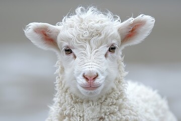 Fototapeta premium Adorable Close-Up of a Young White Lamb with Curly Wool and Soft Ears Captured in a Calm Outdoor Setting Perfectly Showcasing its Gentle Expression