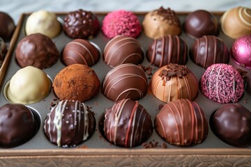 A beautifully arranged chocolate truffle selection in a gift box. 