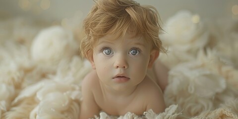 Fototapeta premium A delightful infant with expressive blue eyes and light curly hair lying on a soft bed of cream-colored flowers, capturing a moment of innocence and curiosity
