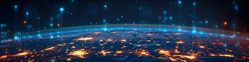 Obraz premium Illuminated Global Digital Connectivity Network on Dark Background