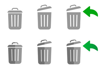 Open trashcan icon. Garbage can symbol. Delete sign. Trash container with arrow logo. Trash bucket vector illustration