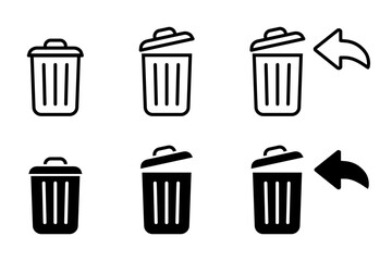 Open trashcan icon. Garbage can symbol. Delete sign. Trash container with arrow logo. Trash bucket vector illustration