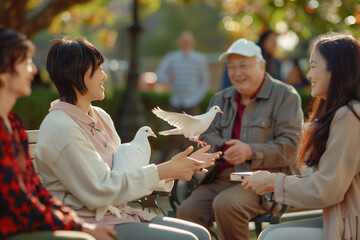 Group of happy people and pigeons. Peace Day