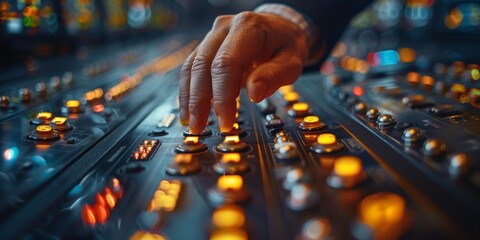 A close-up view of a person's hand operating illuminated buttons and switches on a sophisticated control panel in a professional environment