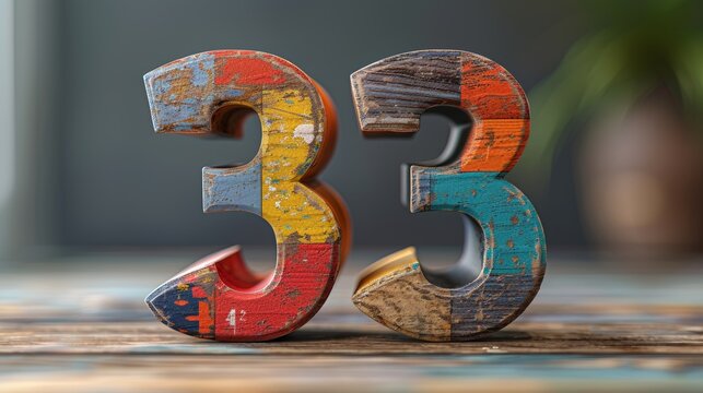 Colorful wooden numerals with vibrant paint splashes and textures arranged in the shape of number 33 against a neutral background indoors