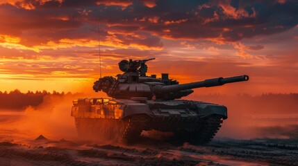 A powerful tank moves through a dusty trail at sunset, demonstrating the imposing presence of military hardware against a dramatic sky