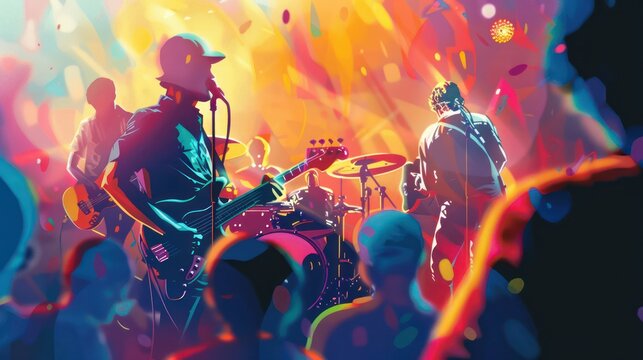 Rock band vocalist silhouette with the guitar singing to microphone with the hands raised up in blue lights