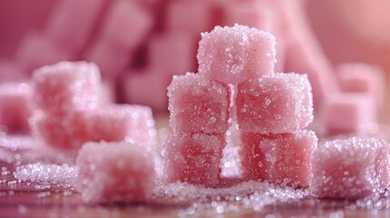 Close-up image of pink sugar cubes stacked in a pyramid-like structure with sugar crystals glistening under soft lighting