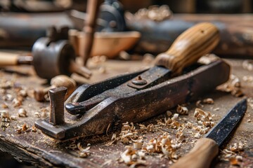 Woodworking hand tools on rustic workbench in carpentry shop with sawdust background, side view