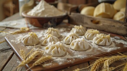 Georgian khinkali dumplings prepared with basic baking essentials and wheat ears displayed creatively for customization