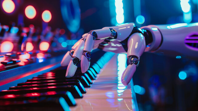 A close-up of a robotic hand playing a piano, set against a vibrant, futuristic background with neon lights, symbolizing the intersection of technology and music production.