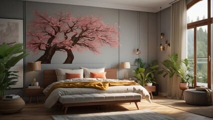 Romantic bedroom with large bed