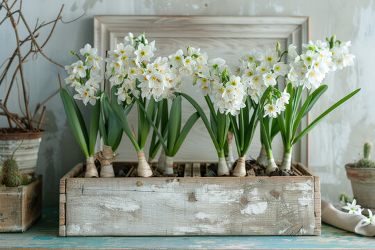 Close-up of vintage wooden box filled with blooming white paperwhite narcissus flowers, their delicate petals contrasting beautifully with the aged wood
