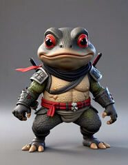 A 3D animated Cute Cartoon The Ninja Toad Ninja - Assassin Character 3D Rendered on a Gray Background.