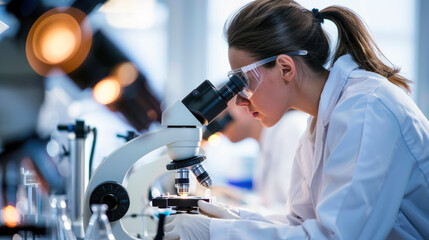 Scientist Using Microscope in Modern Laboratory. A female scientist using a microscope in a modern laboratory, showcasing advanced scientific research and the meticulous examination of specimens.
