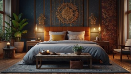 Romantic bedroom with large bed