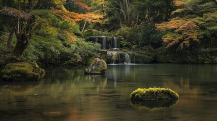 Obraz premium Tranquil Forest Waterfall with Autumn Foliage - A serene forest waterfall surrounded by autumn foliage, reflecting in a calm pond, perfect for nature and Zen-inspired designs.