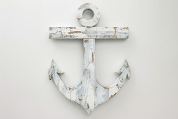 A whitewashed wooden anchor is mounted on a white wall. The anchor has a distressed look, giving it a rustic and nautical feel © reddish