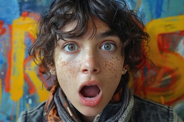 An expressive young person with curly hair and freckles displays a surprised, wide-eyed facial...