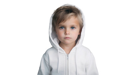 Portrait of a cute and handsome boy in white hoodie, concept of style and fashion studio shot, isolated on transparent background