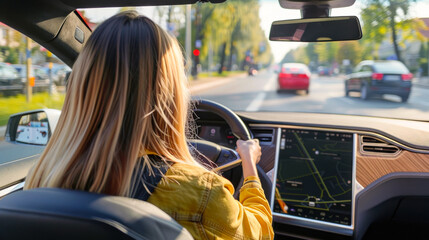 Woman Driving a Modern Car in the City. A woman with blonde hair driving a modern car through a city street. The dashboard features a navigation system, and the road ahead is busy with traffic.
