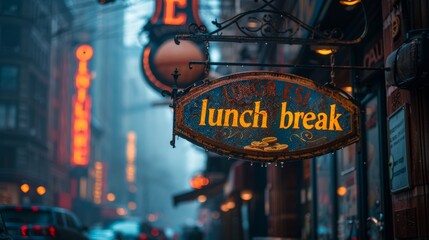 Photograph of a cozy urban street scene with a vintage lunch break sign hanging, surrounded by a hint of fog and colorful neon signs in the background