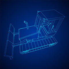 Big front-end loader bulldozer. Heavy equipment machine and manufacturing equipment for mining. Wireframe low poly mesh vector illustration.