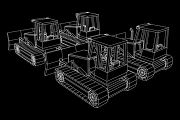 Big front-end loader bulldozer. Heavy equipment machine and manufacturing equipment for mining. Wireframe low poly mesh vector illustration.