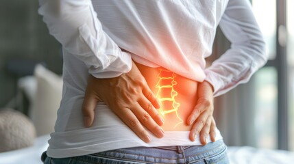 Asia beautiful woman holding her lower back while and suffer from unbearable pain health and problems, chronic back pain, backache in office syndrome, scoliosis, herniated disc, muscle inflammation