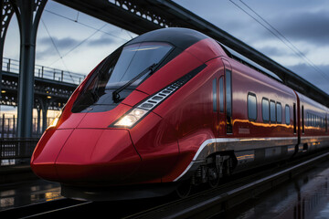 A modern high-speed train is standing on the tracks