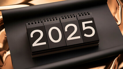 Naklejka premium 2025 black premium 3d text design on flippable calendar. Modern day happy new year desk calendar design. 