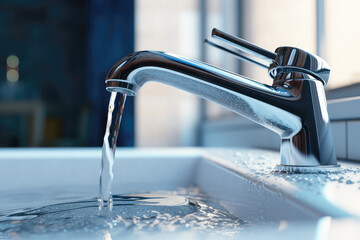 The sink is filled with water flowing from the faucet