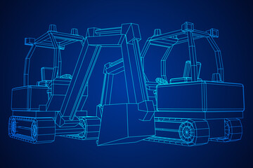 Heavy equipment excavator machine manufacturing power equipment for open pit mining. Wireframe low poly mesh vector illustration