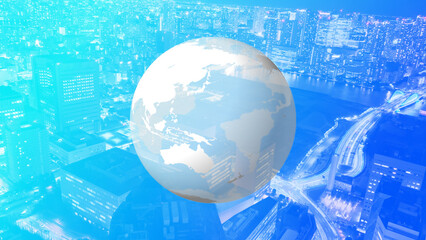 地球と都市高層ビルの夜景、エネルギー持続可能イメージ