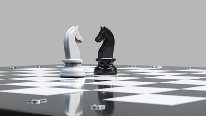 Black and white chess knights standing opposite each other on a chessboard. Transparent background.