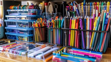 An extensive array of neatly organized colorful office and art supplies on a shelf, featuring pens, pencils, markers, scissors, and various crafting tools