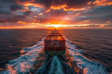 A large cargo ship sails into the horizon at sunset, leaving a trail of vibrant water patterns with dramatic clouds and golden light reflecting on the ocean