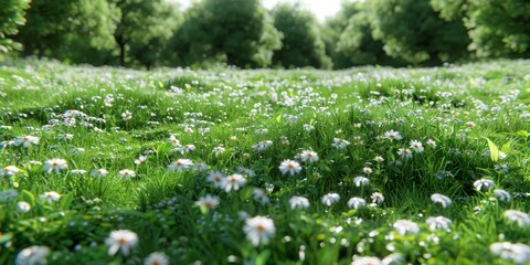A serene meadow filled with vibrant green grass and an abundance of white daisies basking in the sunlight amidst a backdrop of lush green trees
