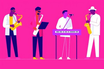 Abstract jazz music band poster featuring piano, saxophone, guitar, singer, and orchestra player. Flyer design for festival or concert party.