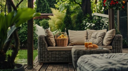 Obraz premium A set of rattan sofas with beige cushions is arranged together on a balcony in a beautiful garden.