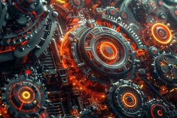 Fototapeta premium Intricate Machinery and Gears in Motion Representing the Inner Workings of Industry, Close-Up Digital Art Depicting Mechanical Precision and Industrial Engineering.